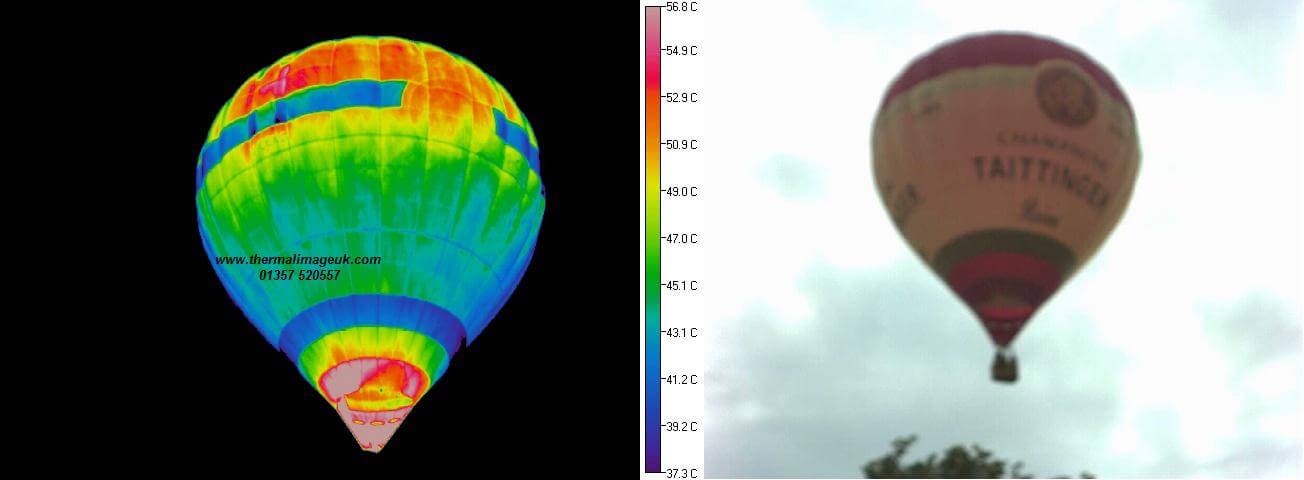 Thermal image showing hot and cold spots in hot air balloon